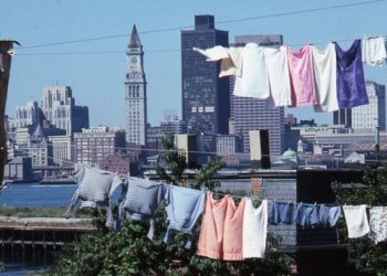 view of Boston through clotheslines
