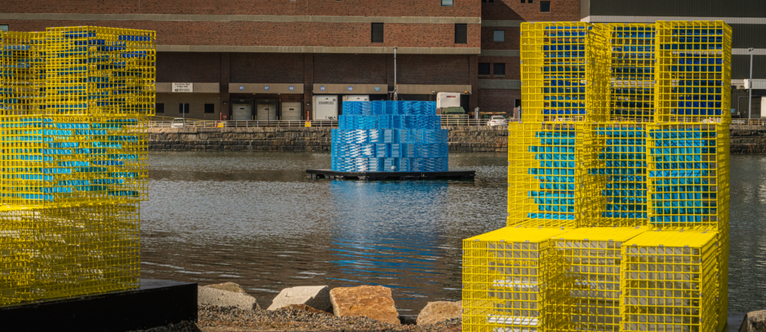 "FutureSHORELINE," an art installation by Carolina Aragón along Fort Point Channel, imagines how high the water will rise in coming decades. (Courtesy Matt Conti)