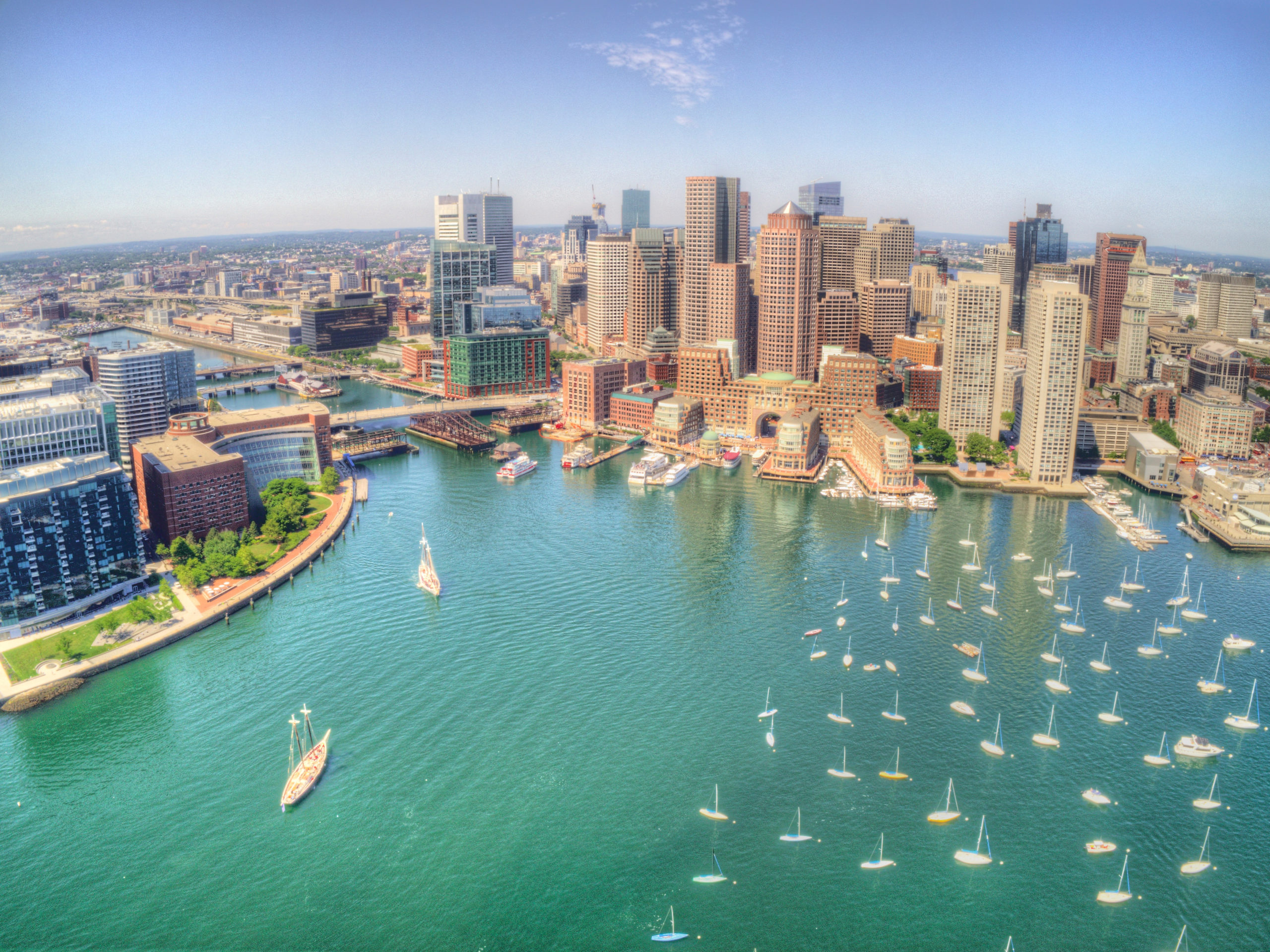 Boston,,Massachusetts,Skyline,From,Above,By,Drone,During,Summer,Time